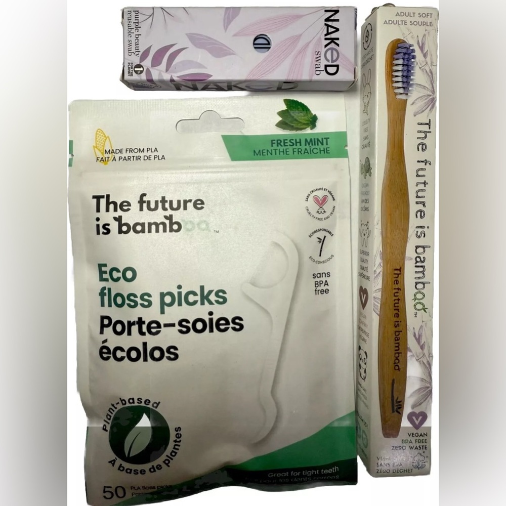 Eco Friendly Stocking Stuffer Bundle - Bamboo Toothbrush, Flossers, QTip Purple